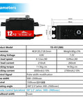 Specifications and dimensions of Beefed Up 12Kg Low Profile Digital Servo With Waterproof Full Metal Gear, TD-9512MG model.