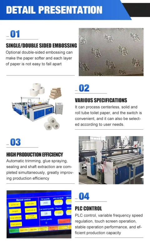 Rock Solid Mini Toilet Paper Making Machine With No Sweat Automatic Rewind Emboss Cutting Setup For Heavy Duty Small Batch Tissue Production Runs Now detail presentation showcasing embossing and specifications.