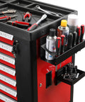 Red toolbox with Garage Ready Magnetic Toolbox Shelf And Tray Set For Workshop Four Piece Tray System attached, holding tools and cans.