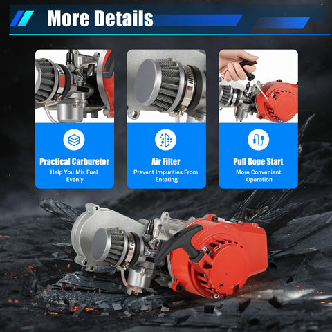Beefed Up High Performance 49cc 50cc 2 Stroke Dirt Bike Engine Kit with 7000 RPM single cylinder pull rope start motor details