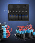 Six Gang Rocker Switch Panel With 12V Voltmeter And Dual USB Charger Cigarette Lighter Socket Six Circuit Breakers LED Meter Overload Protection Great For RV Truck Boat Two Year Warranty, 7.0in black panel
