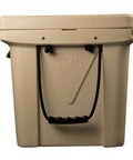 Bombproof 125 Quart Insulated Cooler Tough As Nails Rotomolded Hard Ice Chest front view with handle in tan color.