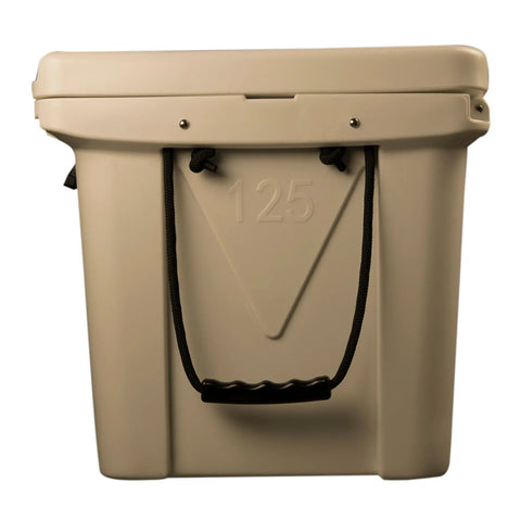 Bombproof 125 Quart Insulated Cooler Tough As Nails Rotomolded Hard Ice Chest front view with handle in tan color.