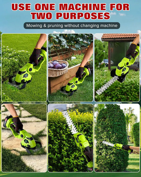 2 In 1 Grass Shear And Hedge Trimmer Cordless With Dual Action Blades for Lawn and Shrubs includes two rechargeable batteries