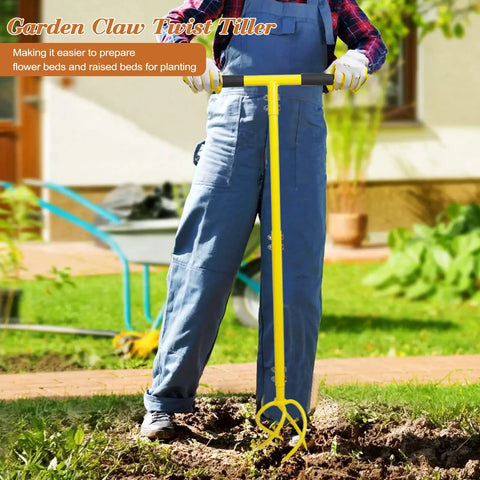 Person using Garden Hand Tiller Claw With Wide Longer Tines Dig In Deep Twist Tiller Cultivator on garden soil