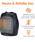 Ceramic Space Heater Portable Indoor Heating Solution With Overheat And Tip Over Protection Thermostat Non Oscillating 1500W High Low And Fan Only Settings Lightweight Grab And Go Three Pound Black showing adjustable thermostat and safety features