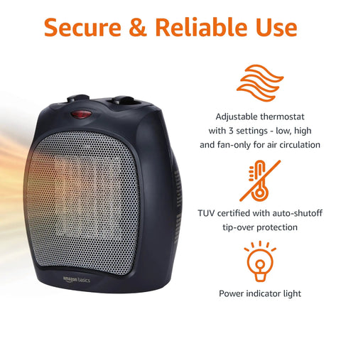 Ceramic Space Heater Portable Indoor Heating Solution With Overheat And Tip Over Protection Thermostat Non Oscillating 1500W High Low And Fan Only Settings Lightweight Grab And Go Three Pound Black showing adjustable thermostat and safety features
