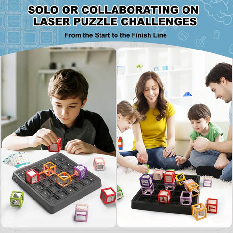 Kids playing Laser Maze STEM Logic Toy For Kids Ages 8 To 13, 60 Plus Challenges Puzzle Games with parents, showcasing teamwork.
