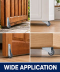 Top Shelf Two Pack Anti Sag Gate Wheels Featuring Thick Carbon Steel Brackets And Non Slip Rubber Casters For Rock Solid Door Support, shown on various surfaces.