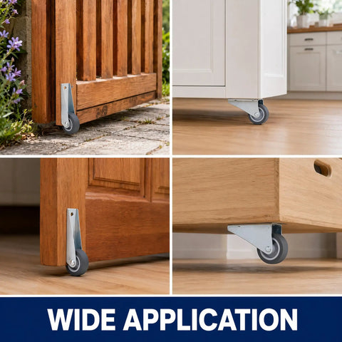 Top Shelf Two Pack Anti Sag Gate Wheels Featuring Thick Carbon Steel Brackets And Non Slip Rubber Casters For Rock Solid Door Support, shown on various surfaces.