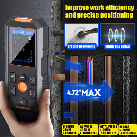 All In One Wall Scanner And Laser Rangefinder Pro Tool detecting wood, metal, and wires with digital display and buttons