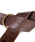 Snag This Premium Vintage Embossed Waist Belt Adjustable Faux Leather Cinch Strap For Medieval Festival Costumes close-up of brown embossed design
