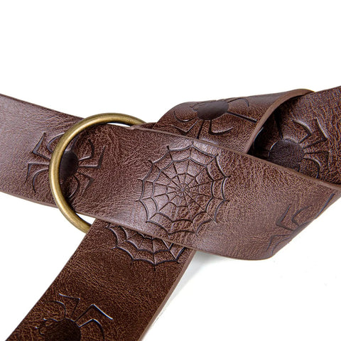 Snag This Premium Vintage Embossed Waist Belt Adjustable Faux Leather Cinch Strap For Medieval Festival Costumes close-up of brown embossed design
