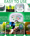 No Fuss 4 In 1 Soil Tester for plants showing large dial readout, moisture, pH, fertility, and sunlight meter for gardens and houseplants.