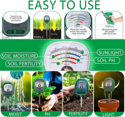 No Fuss 4 In 1 Soil Tester for plants showing large dial readout, moisture, pH, fertility, and sunlight meter for gardens and houseplants.