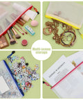 Mesh Zipper Pouch Set Of 8 Colorful Waterproof Storage Bags holding makeup, jewelry, puzzle pieces, and documents. See-through mesh pouches.