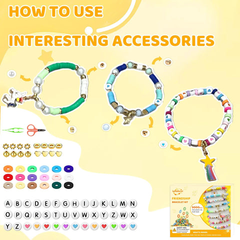 Friendship Bracelet Kit With 5200 Pieces Beads And Charms For Beginners showcasing colorful bead options and finished bracelets