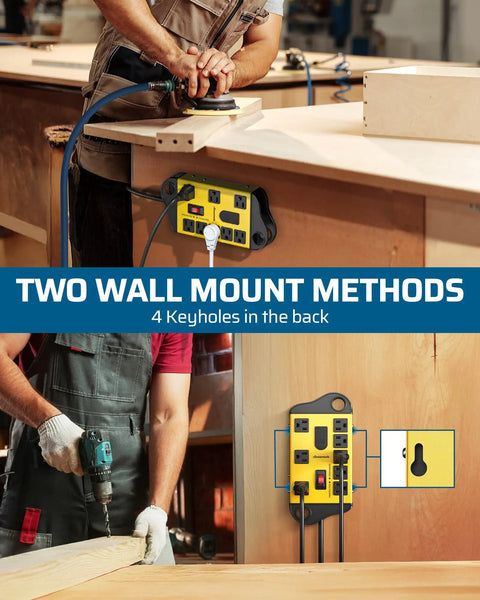 Beefed Up Eight Outlet Power Strip With Two USB Ports mounted on workshop wall with tools, showing keyholes for wall mount.