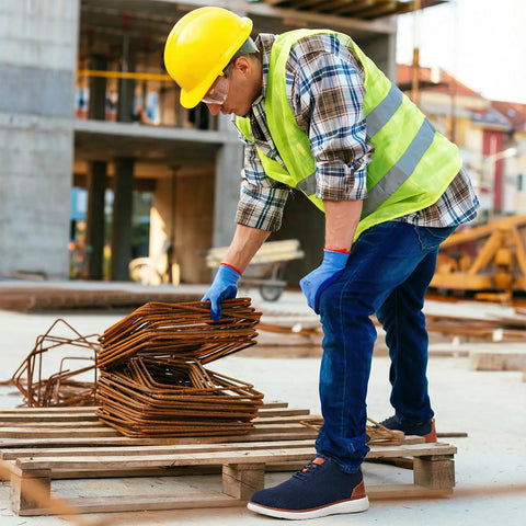 Worker wearing Steel Toe Work Sneakers For Men, Lightweight Oxford Style Safety Shoes, Casual Dress Kicks For Job Sites, ASTM F2413 Rated