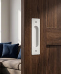 Heavy Duty Aluminum Flush Pulls 2 Pack Recessed Sliding Door Handles With Mounting Screws Barn Closet And Cabinet Drawer Knobs Super Quick Install Pocket Door Hardware Fresh White Finish 5.9 Inch on wooden door.