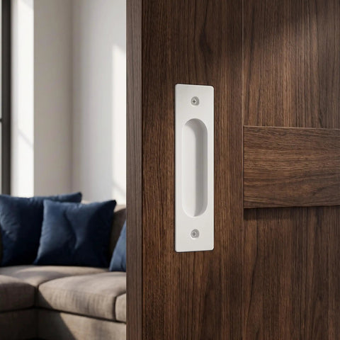 Heavy Duty Aluminum Flush Pulls 2 Pack Recessed Sliding Door Handles With Mounting Screws Barn Closet And Cabinet Drawer Knobs Super Quick Install Pocket Door Hardware Fresh White Finish 5.9 Inch on wooden door.