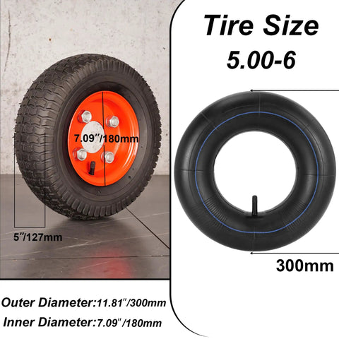 Two Pack Heavy Duty 13x5.00-6 Inner Tubes With TR13 Straight Valve for various vehicles, shown with tire dimensions