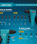 Two In One Rivet Nut And Pop Rivet Gun Kit With Eight Mandrels For Metric And SAE And Four Nose Pieces 2.4 To 4.8mm