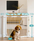 Heavy Duty Metal Retractable Pet Gate For Doorways And Stairs With Auto Close Design Straight Up Secure Dog Barrier Expands To 38 Inches Wide No Bottom Bar Classic White with a beagle in front.