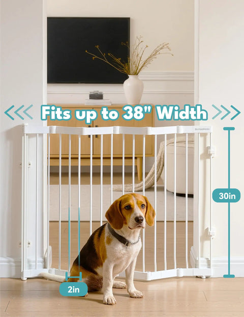 Heavy Duty Metal Retractable Pet Gate For Doorways And Stairs With Auto Close Design Straight Up Secure Dog Barrier Expands To 38 Inches Wide No Bottom Bar Classic White with a beagle in front.