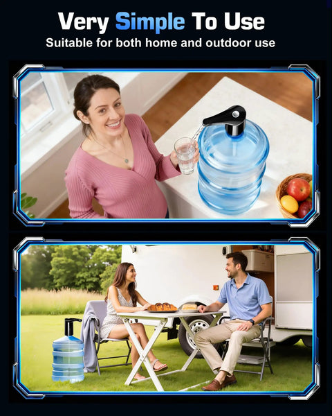 High Output 5 Gallon Jug Water Dispenser With USB C Electric Pump on kitchen counter and outdoor picnic setup