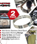 Beefy Heavy Duty Stainless Steel Hose Clamp Set Two Pack Adjustable From One Point Seven Five Inch To Two Point Seven Five Inch Forty Four To Seventy Millimeter For Auto Radiator Hose Fuel Line Plumbing And Mechanical Use package, automotive and plumbing applications.