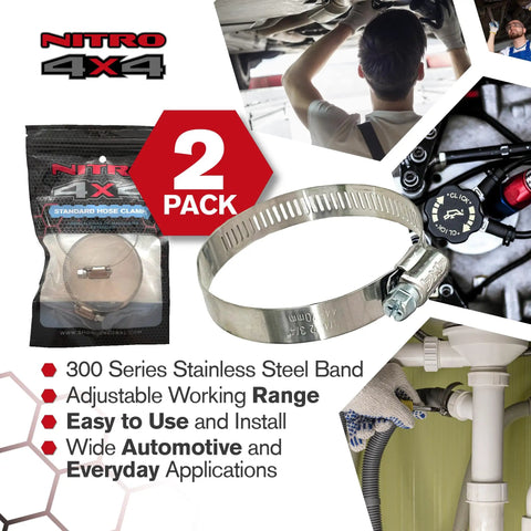 Beefy Heavy Duty Stainless Steel Hose Clamp Set Two Pack Adjustable From One Point Seven Five Inch To Two Point Seven Five Inch Forty Four To Seventy Millimeter For Auto Radiator Hose Fuel Line Plumbing And Mechanical Use package, automotive and plumbing applications.