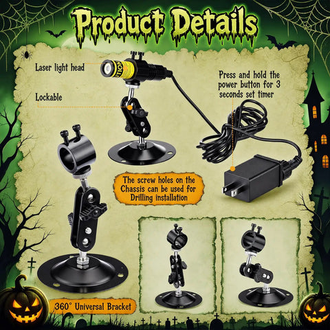 Green Laser Halloween Generator With Timer For Spooky Party Lighting And Fog Effects, Projects Bright Creepy Beams Across Marsh Fog To Create Epic Atmosphere And Endless Halloween Fun. 360° adjustable black metal bracket and power adapter