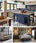 Modern kitchen, living room, and bedroom furniture arrangement with decorative elements and lighting.