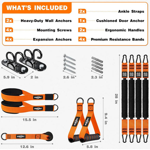 Heavy Duty Stackable Resistance Bands With Wall Anchor And Door Mount For Home Gym Upgrade, includes bands, straps, and anchors.