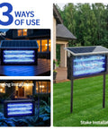 Solar Bug Zapper Outdoor Waterproof With 4500V Grid, 3 LED Tubes, shown in use on stand, hanging, and stake installations