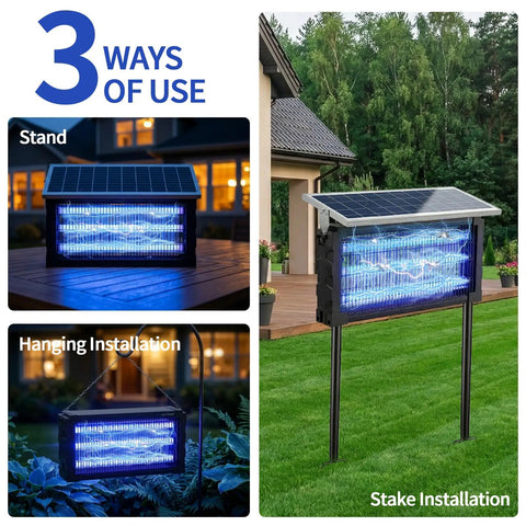 Solar Bug Zapper Outdoor Waterproof With 4500V Grid, 3 LED Tubes, shown in use on stand, hanging, and stake installations