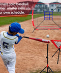 Child using 6x6 Ft Portable Baseball And Softball Practice Net With Sturdy Bow Frame, Batting Tee, Ball Caddy And Strike Zone Target For Backyard Hitting, Pitching And Throwing Training, Durable Heavy Duty Net For Kids on a field.