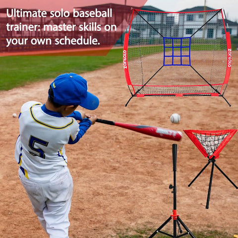 Child using 6x6 Ft Portable Baseball And Softball Practice Net With Sturdy Bow Frame, Batting Tee, Ball Caddy And Strike Zone Target For Backyard Hitting, Pitching And Throwing Training, Durable Heavy Duty Net For Kids on a field.