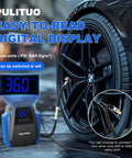 12V Car Tire Inflator Portable Air Compressor with digital gauge inflating car tire, showing 36 PSI, close-up view.