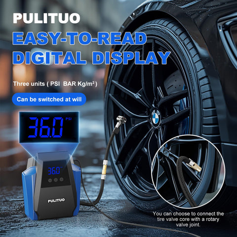 12V Car Tire Inflator Portable Air Compressor with digital gauge inflating car tire, showing 36 PSI, close-up view.