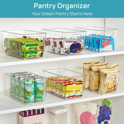 Clear Storage Bins With Handles Six Pack For Pantry Organization And Storage Plastic Bins For Fridge Cabinet Kitchen Countertops