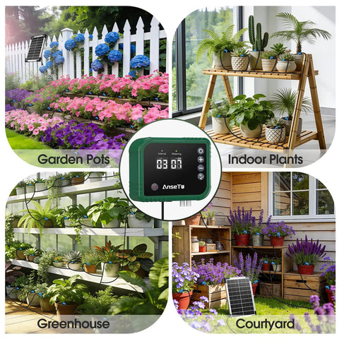 Solar Drip Irrigation System For Gardens And Greenhouses DIY Automatic Drip Kit in use with multiple garden setups