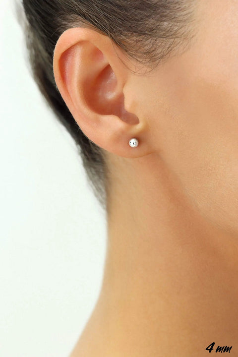 14K White Gold Ball Stud Earrings With Secure Screw Backs, Sleek 4Mm Dainty Hollow Spheres For Everyday Wear, Classic Minimal Jewelry That Elevates Casual Or Dressy Looks, Available In 3Mm To 8Mm Sizes.