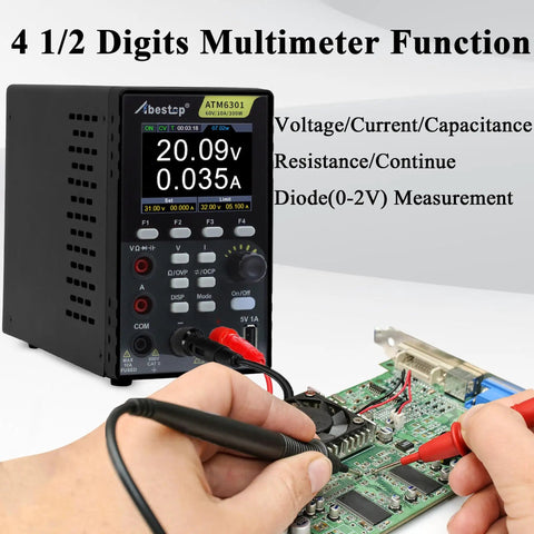 Beefy Benchtop Power Supply And Digital Multimeter Duo, 60V 10A 300W, showing measurement in use on circuit board, LCD display.