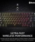 Top Shelf Wireless 75 Percent Gaming Keyboard Featuring Hot Swap MLX Tactile Switches Premium PBT Double Shot Keycaps And Glowing Per Key RGB Backlighting Dual Layer Acoustic Dampening Built For Clutch Wins And Late Night Rigs In Black, showing RGB backlighting and USB dongle.