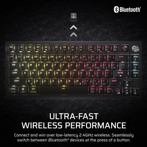 Top Shelf Wireless 75 Percent Gaming Keyboard Featuring Hot Swap MLX Tactile Switches Premium PBT Double Shot Keycaps And Glowing Per Key RGB Backlighting Dual Layer Acoustic Dampening Built For Clutch Wins And Late Night Rigs In Black, showing RGB backlighting and USB dongle.