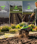 Man using 40V Cordless Electric Tiller With Two 4.0Ah Batteries, Lightweight Mini Cultivator for fast soil cultivation in garden