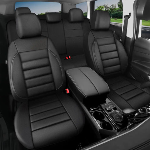 Leather Seat Covers Full Set Universal Water Resistant With 3D Foam Back Support For SUV Sedan Van All Season Dope Comfort And Luxury Airbag Compatible Pure Black installed in car interior.