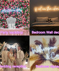 Collage of personalized neon LED signs for weddings, bedroom wall, party backdrop, and business signage with various decor settings.